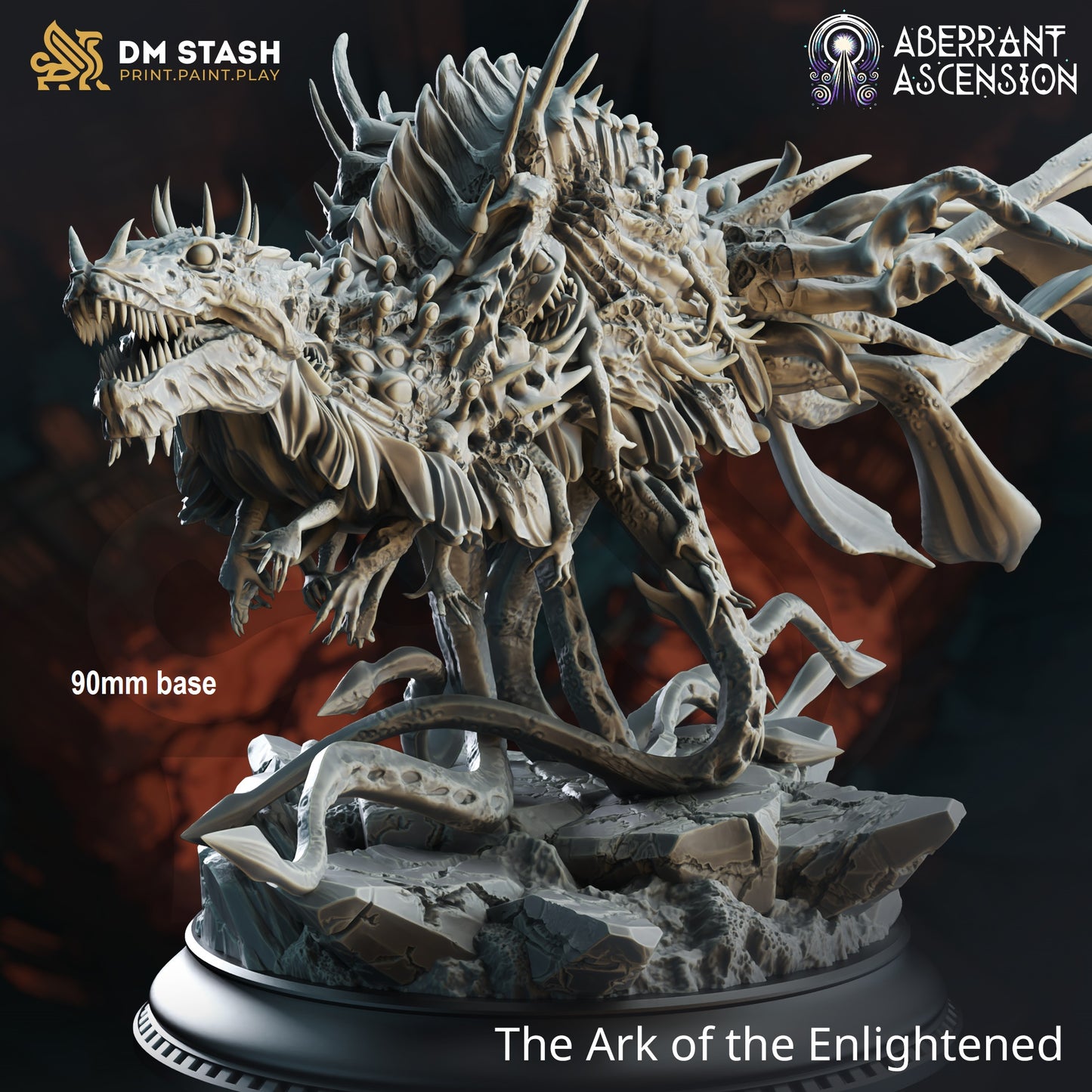 Image shows a 3D render of an amalgamation creature gaming miniature, roughly an undead dinosaur with lots of tentacles and extra eyeballs