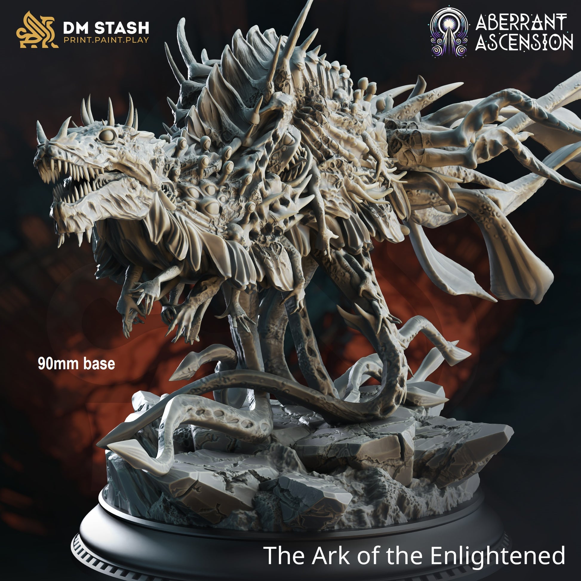 Image shows a 3D render of an amalgamation creature gaming miniature, roughly an undead dinosaur with lots of tentacles and extra eyeballs