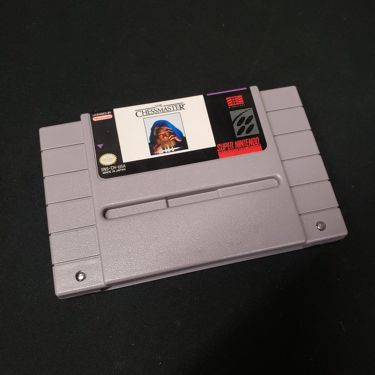 Image shows the front of the cartridge for the video game The Chessmaster for Super Nintendo