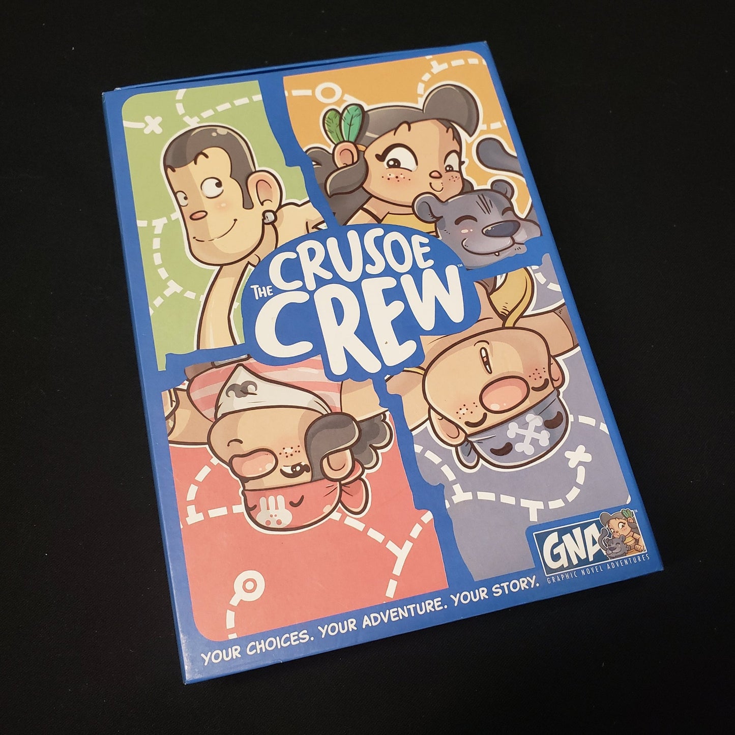 Image shows the front cover of the box of the Crusoe Crew Graphic Novel Adventure game
