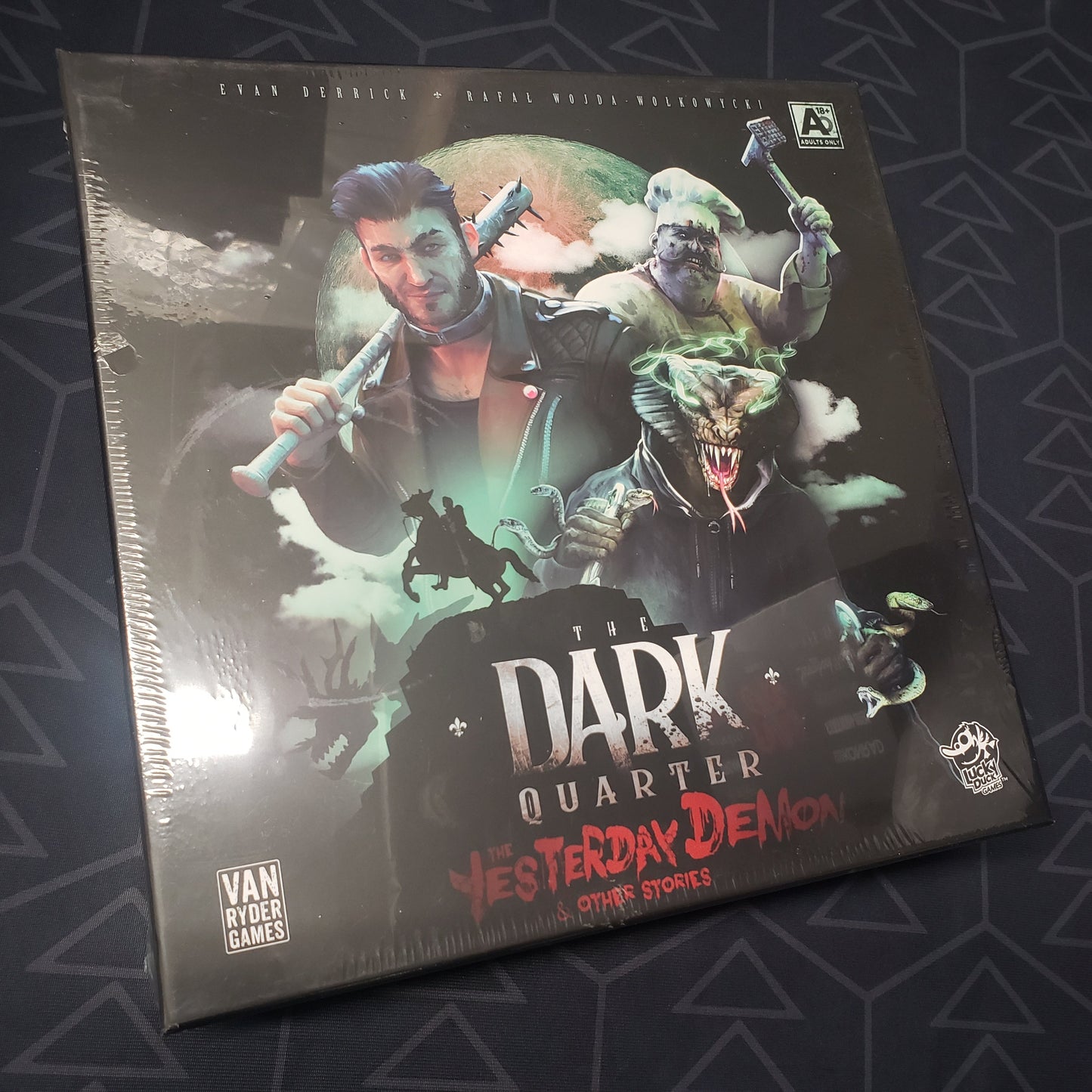 Image shows the front cover of the box of the Yesterday Demon & Other Stories expansion for the board game The Dark Quarter