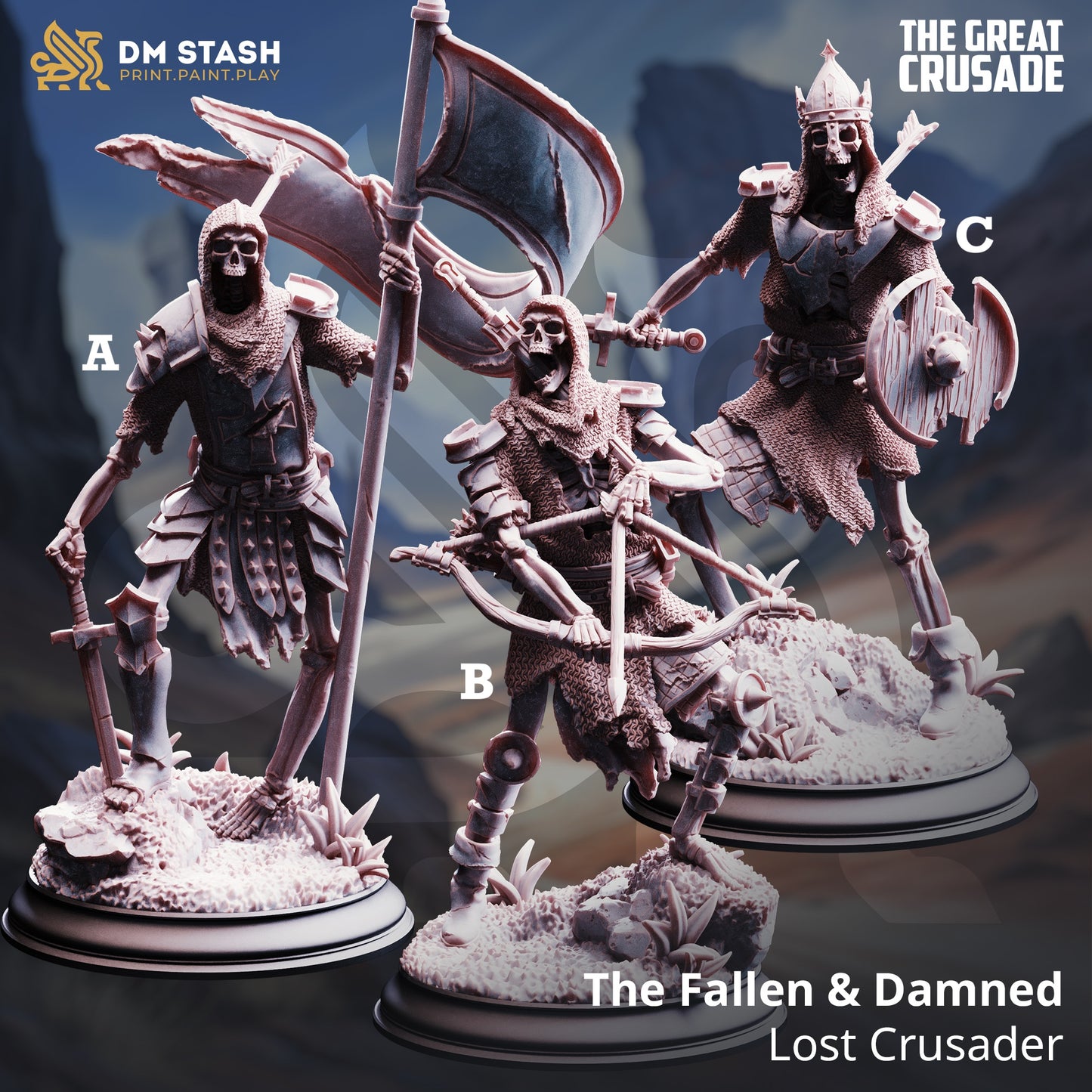 Image shows 3D renders for three different sculpt options of a skeleton soldier gaming miniature.