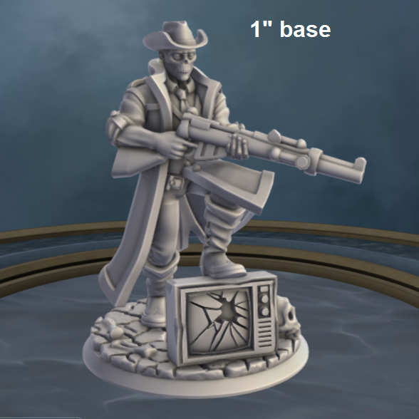 Image shows a 3D render of a ghoul outlaw gaming miniature with his foot up on a broken tv set
