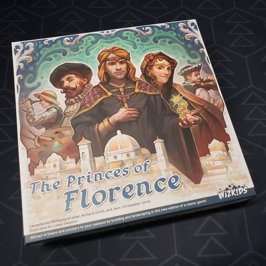 Image shows the front cover of the box of the WizKids Edition for the board game The Princes of Florence