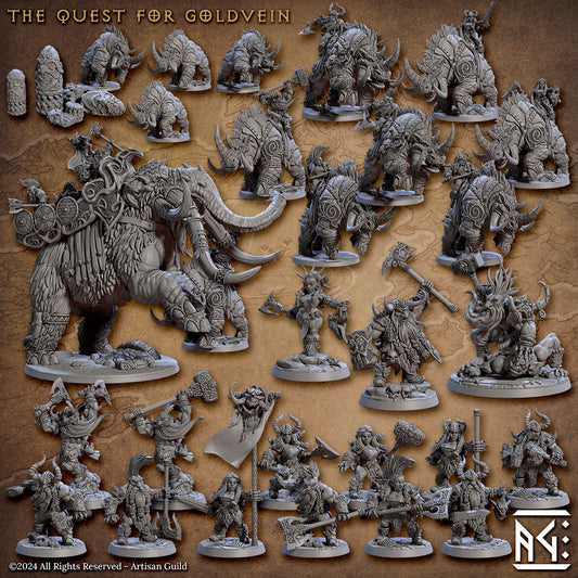 Image displays the variety of miniatures included in Artisan Guild's The Quest for Goldvein set