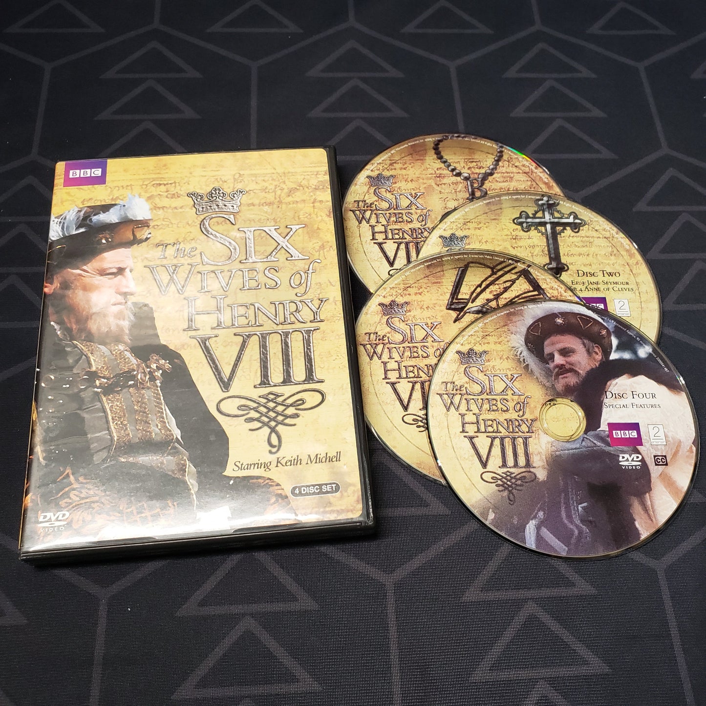 Image shows the case & four discs for the miniseries The Six Wives of Henry VIII on DVD