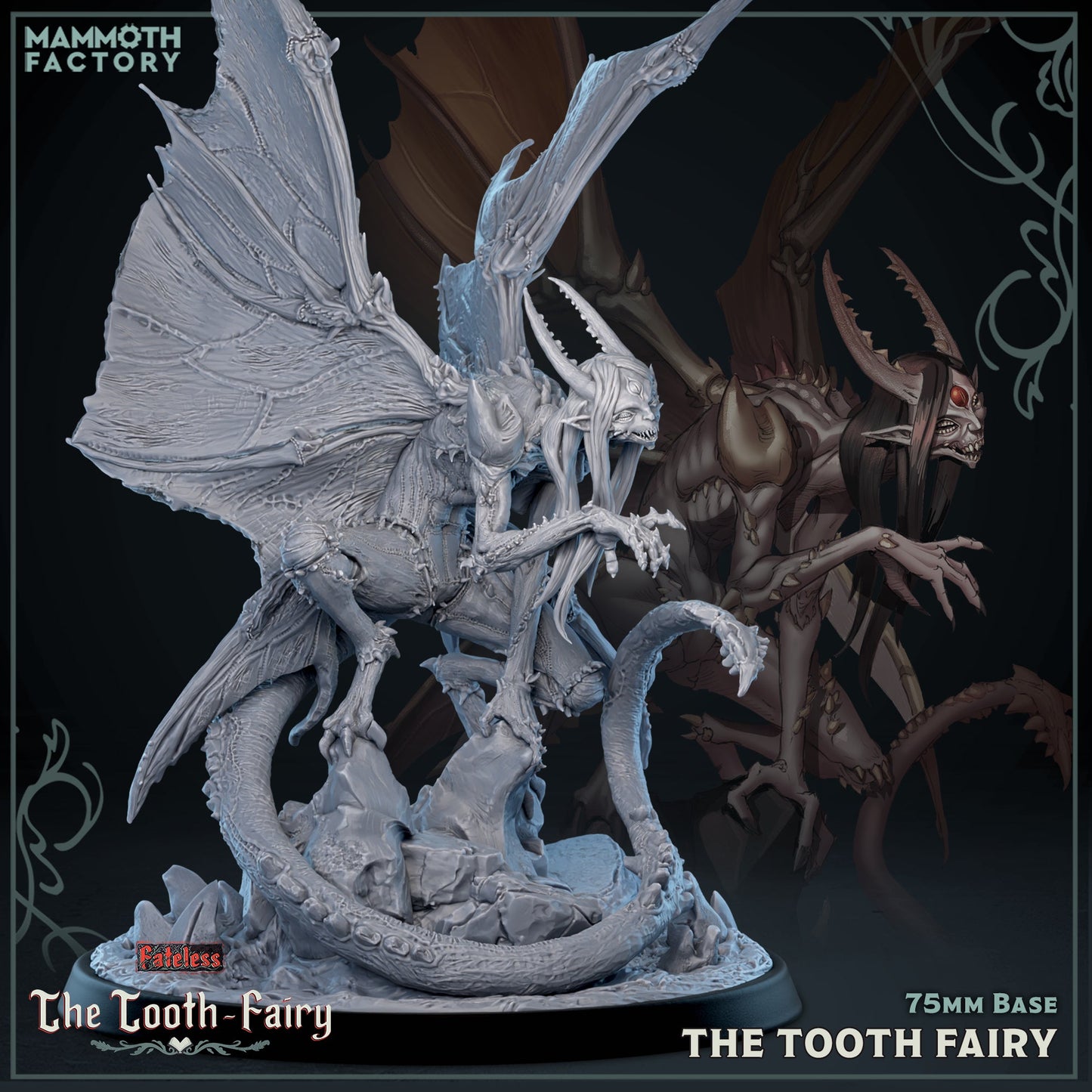 Image shows a 3D render of a horrific tooth fairy gaming miniature.