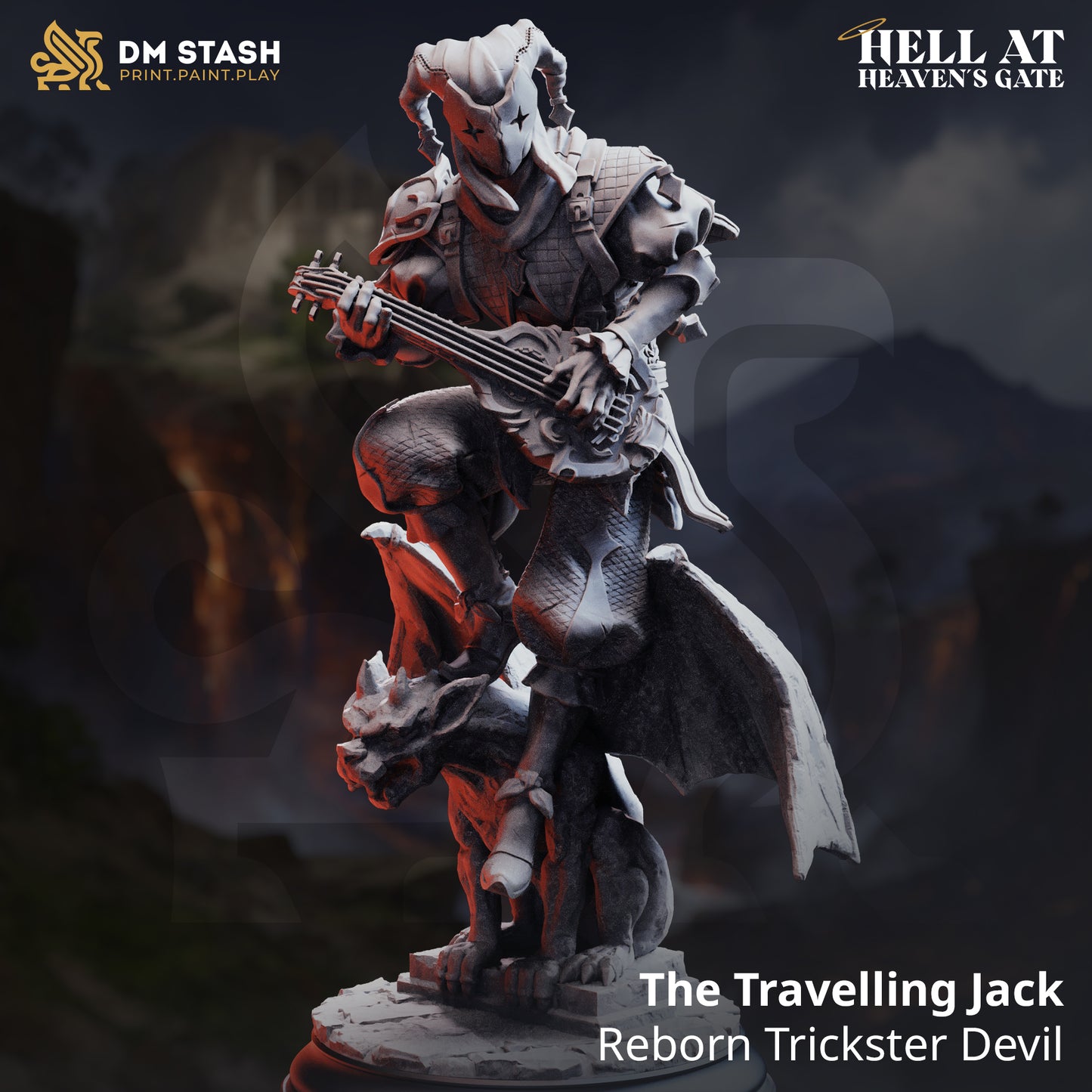 Image shows a 3D render of a demonic court jester gaming miniature.