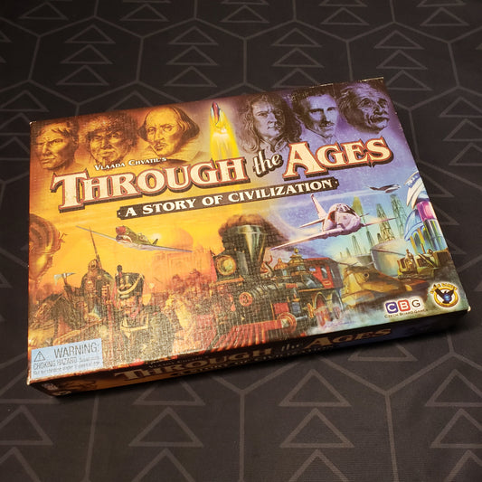 Image shows the front cover of the box of the Through the Ages board game