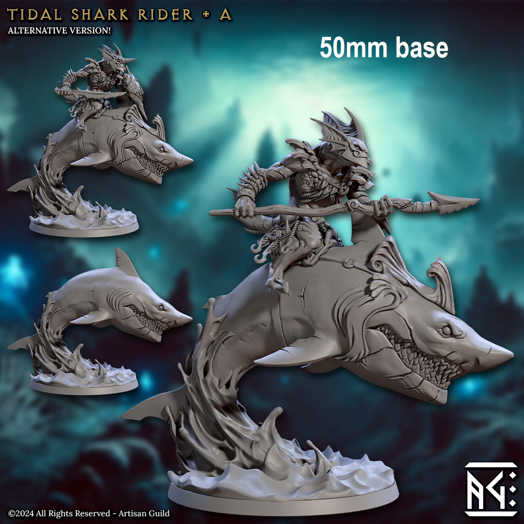 Image shows 3D renders of two different sculpt options for a gaming miniature of a merfolk warrior riding a shark
