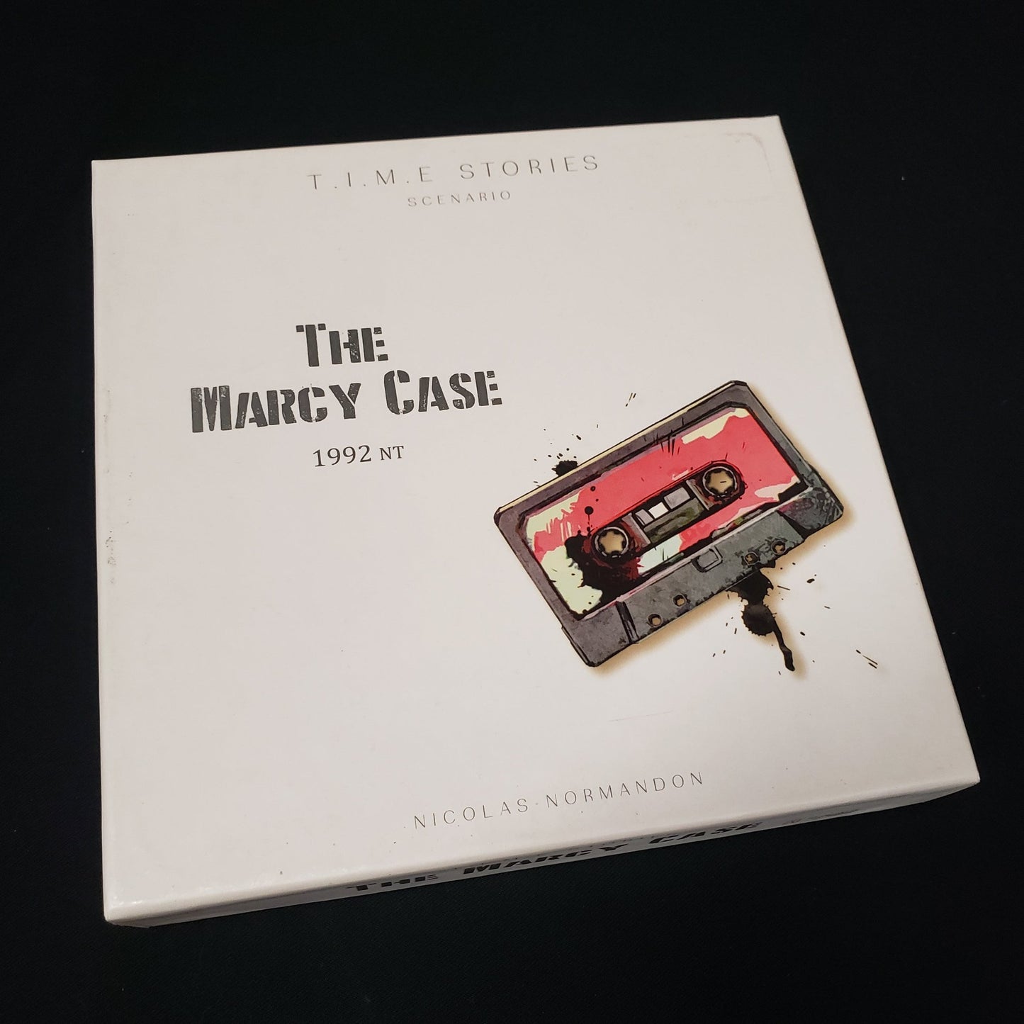 Image shows the front cover of the box of the Marcy Case expansion for the board game TIME Stories