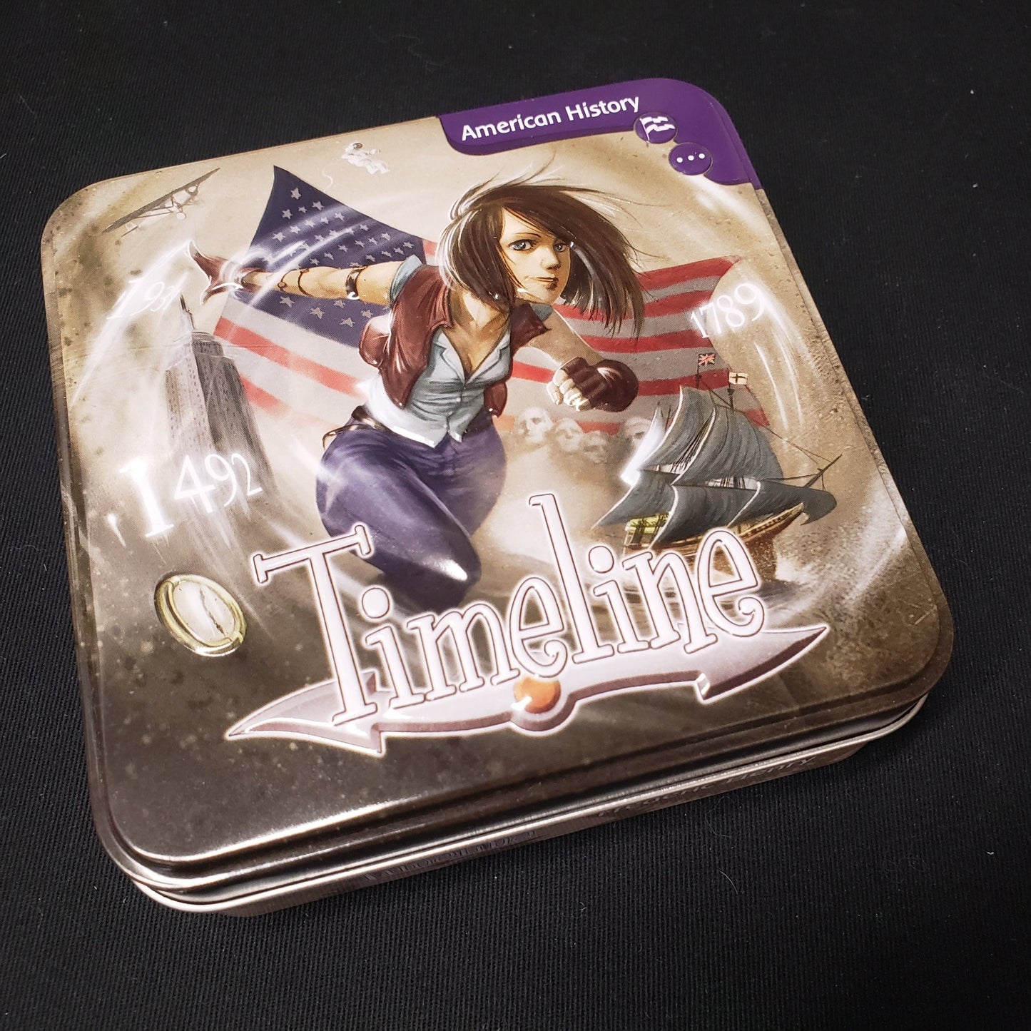 Image shows the front cover of the box of the Timeline: American History card game
