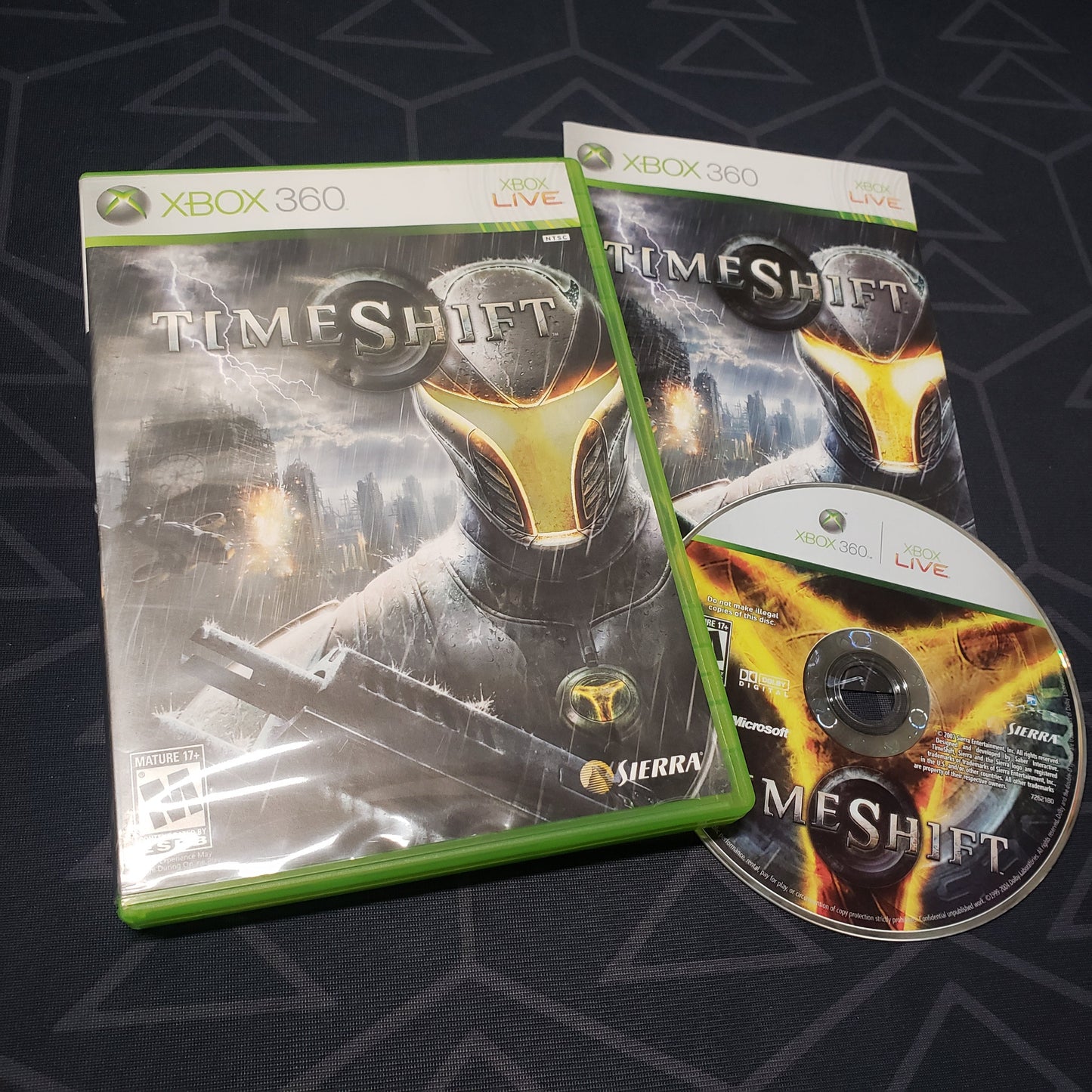 Image shows the case, manual and disc for the video game Timeshift for Xbox 360