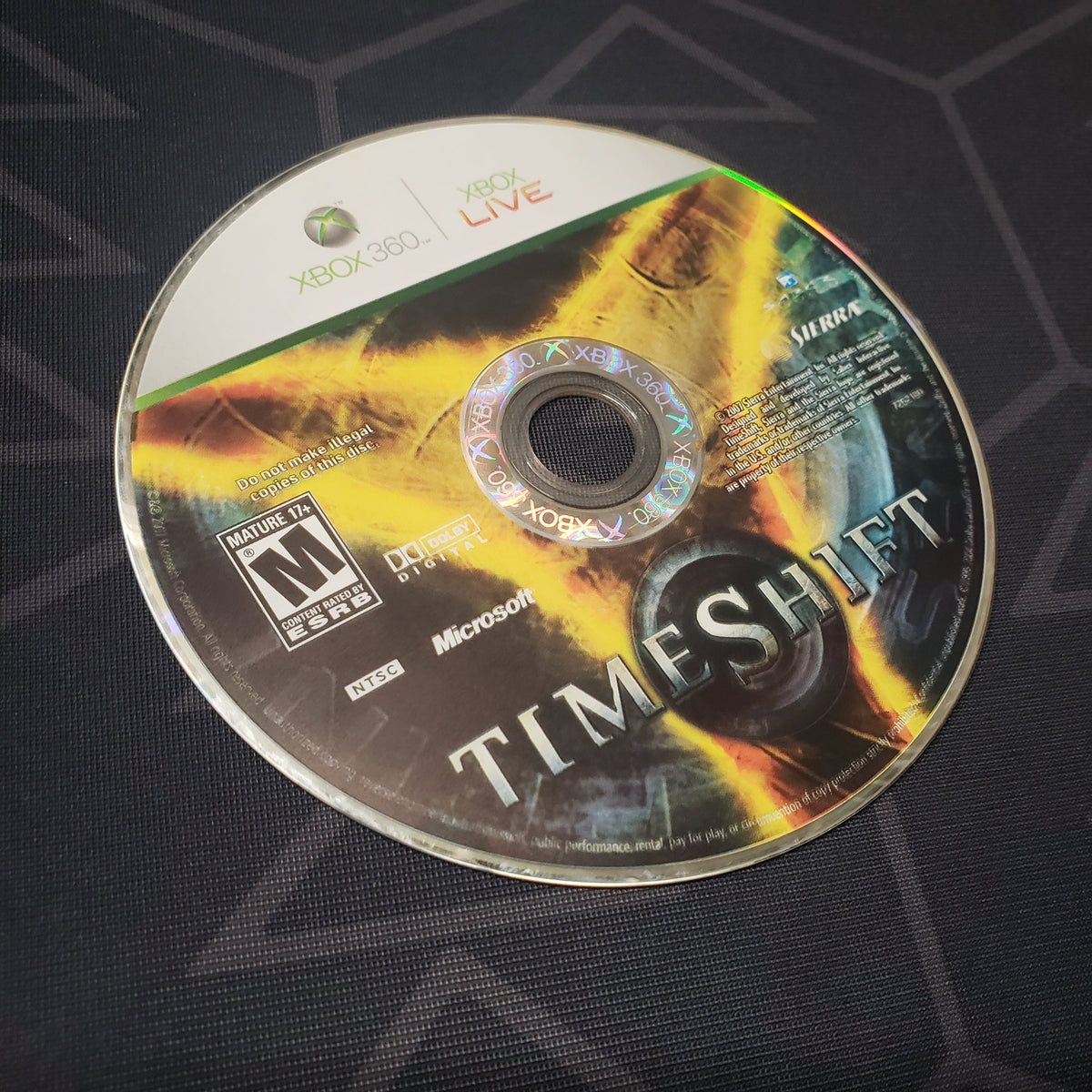 Image shows the label side of the game disc for the video game Timeshift for the Xbox 360