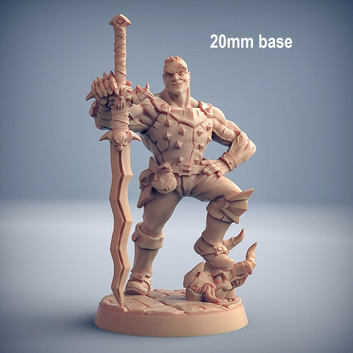 Image shows an 3D render of a human barbarian gaming miniature holding a sword with one foot on a decapitated monster head