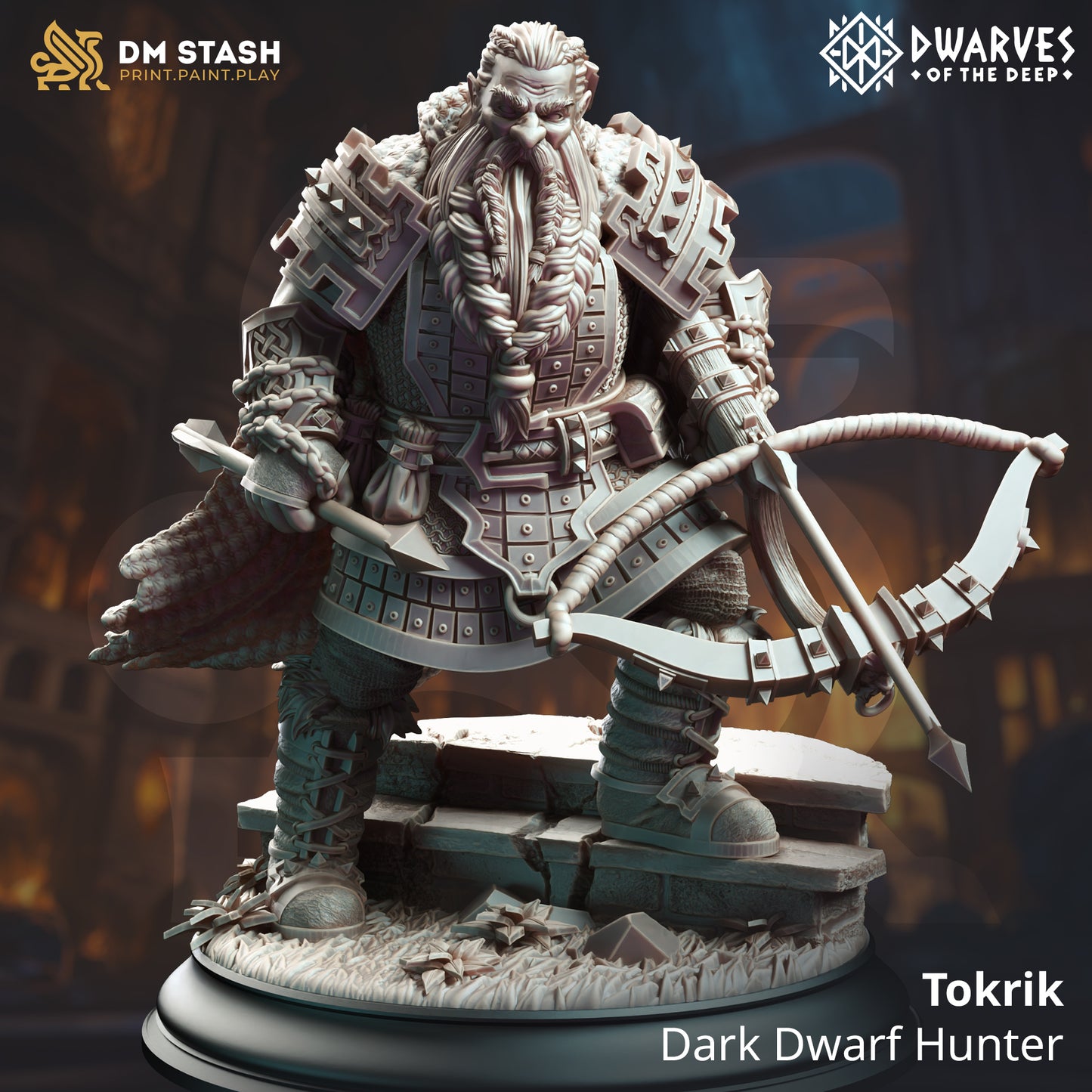 Image shows a 3D render of a dwarf ranger gaming miniature
