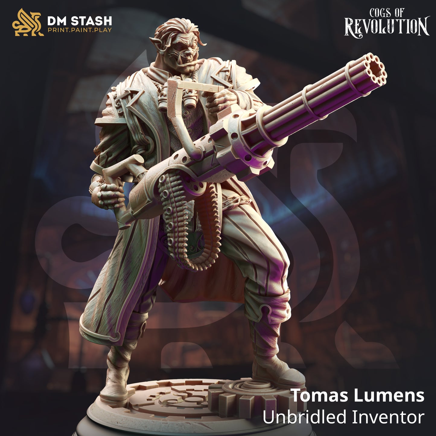 Image shows a 3D render of a steampunk half-orc artificer gaming miniature.