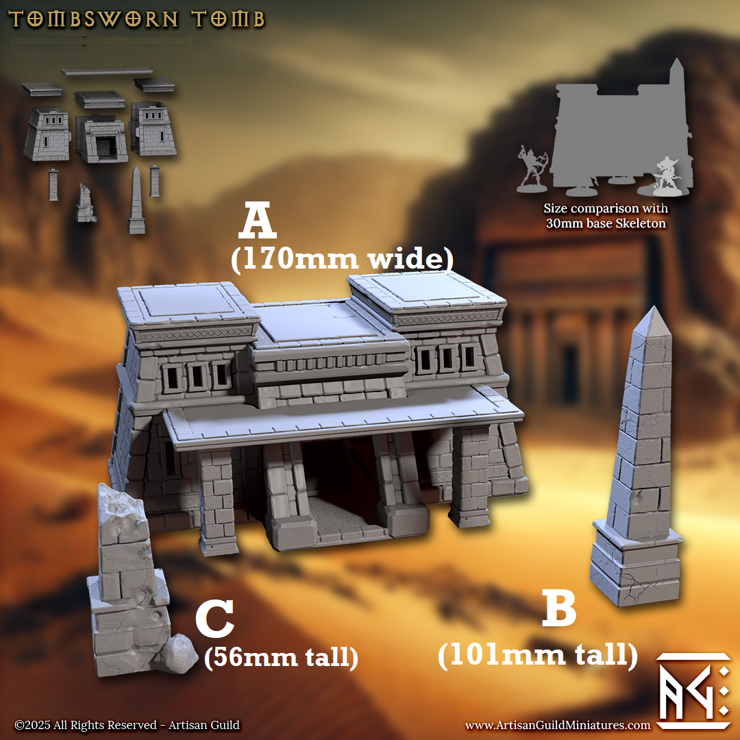 Image shows 3D renders for three different parts of a desert tomb gaming miniature terrain set