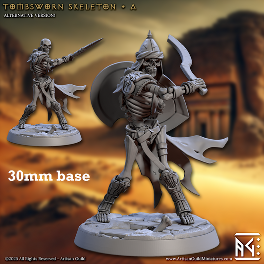 Image shows 3D renders of two sculpt options for a skeleton warrior gaming miniature.