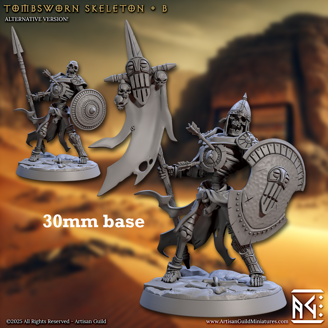 Image shows 3D renders of two sculpt options for a skeleton warrior gaming miniature.