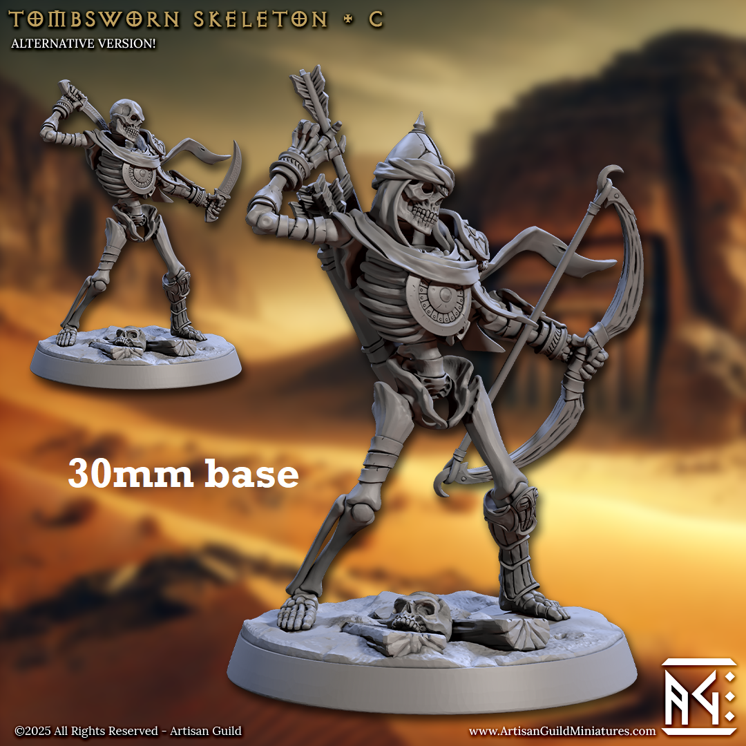 Image shows 3D renders of two sculpt options for a skeleton warrior gaming miniature.