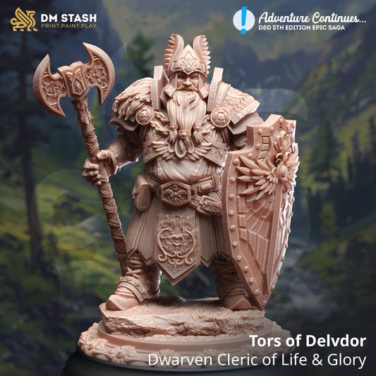 Image shows a 3D render of a dwarf cleric gaming miniature holding a large shield and axe