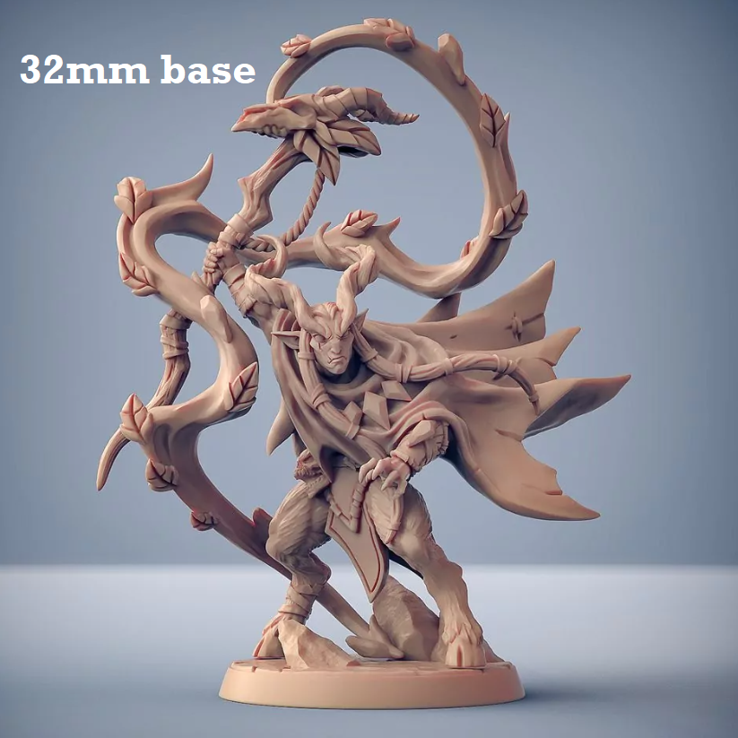 Image shows a 3D render of a faun druid gaming miniature.
