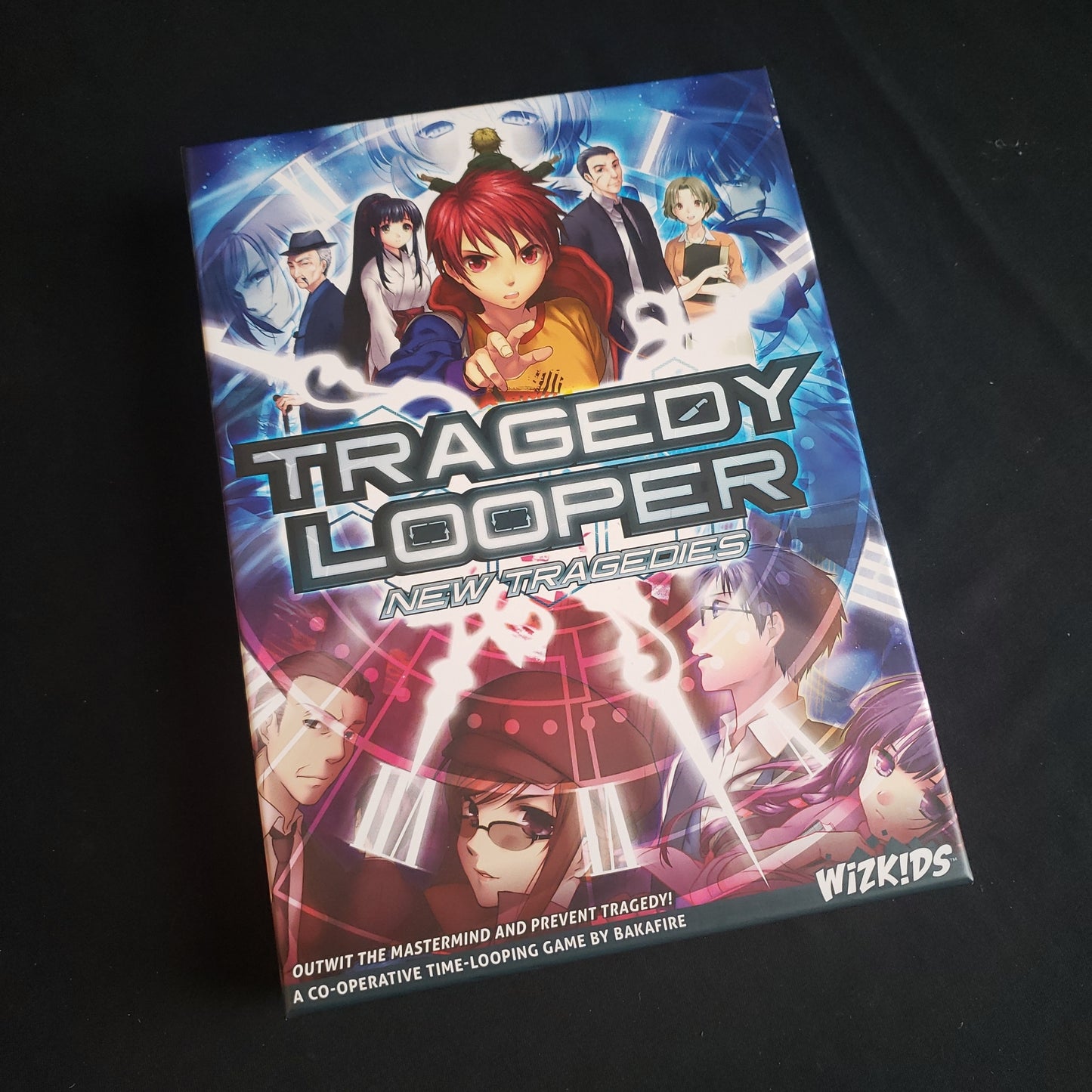 Image shows the front cover of the box of the Tragedy Looper: New Tragedies board game