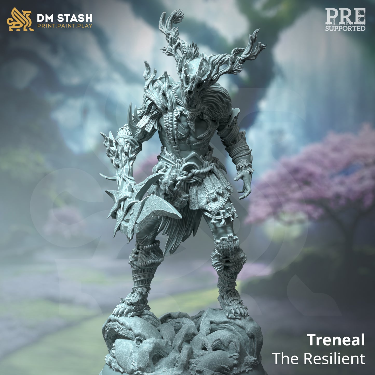 Image shows a 3D render of a human druid gaming miniature wrapped in ornate wood bracers and with a large antlered mask