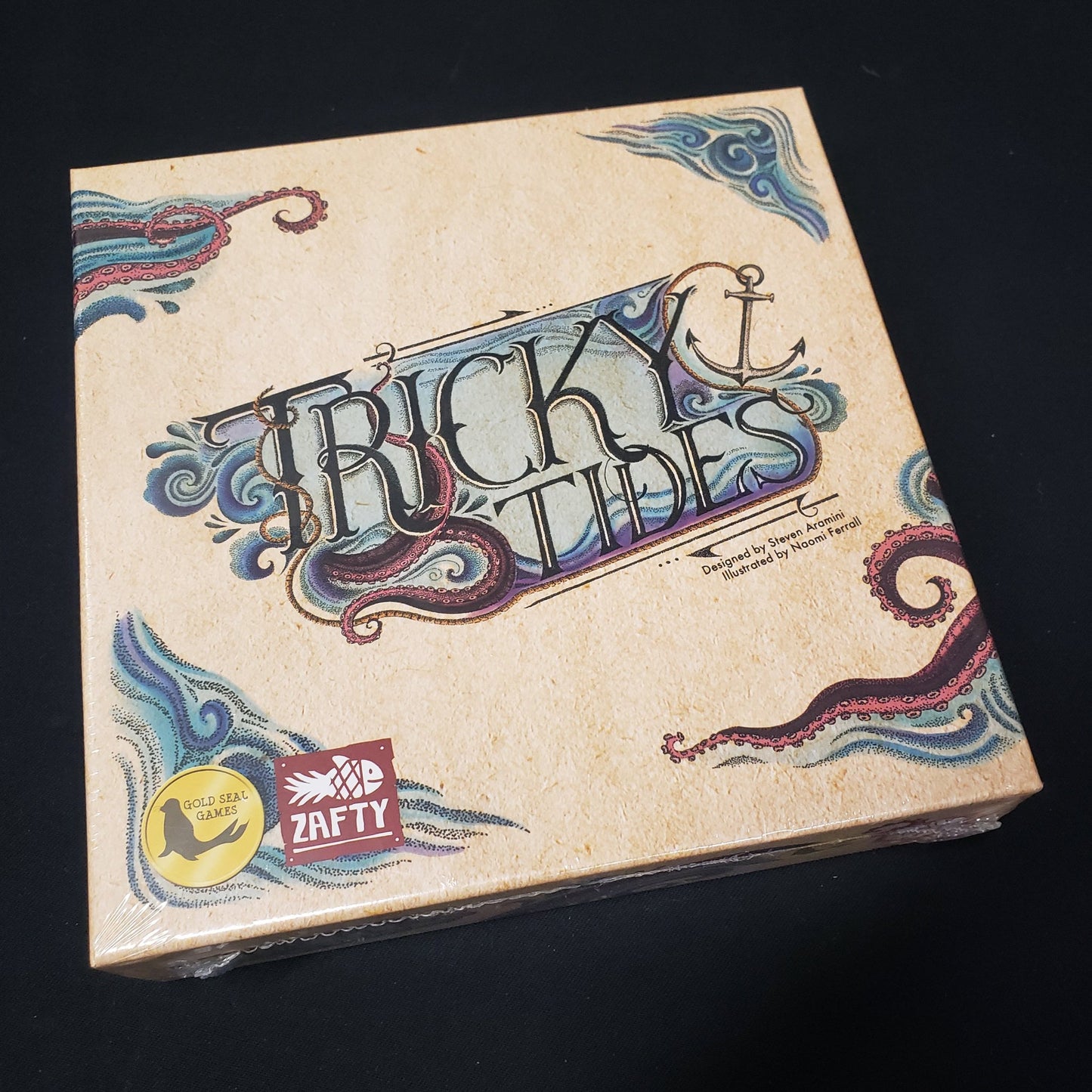 Image shows the front cover of the box of the Tricky Tides board game