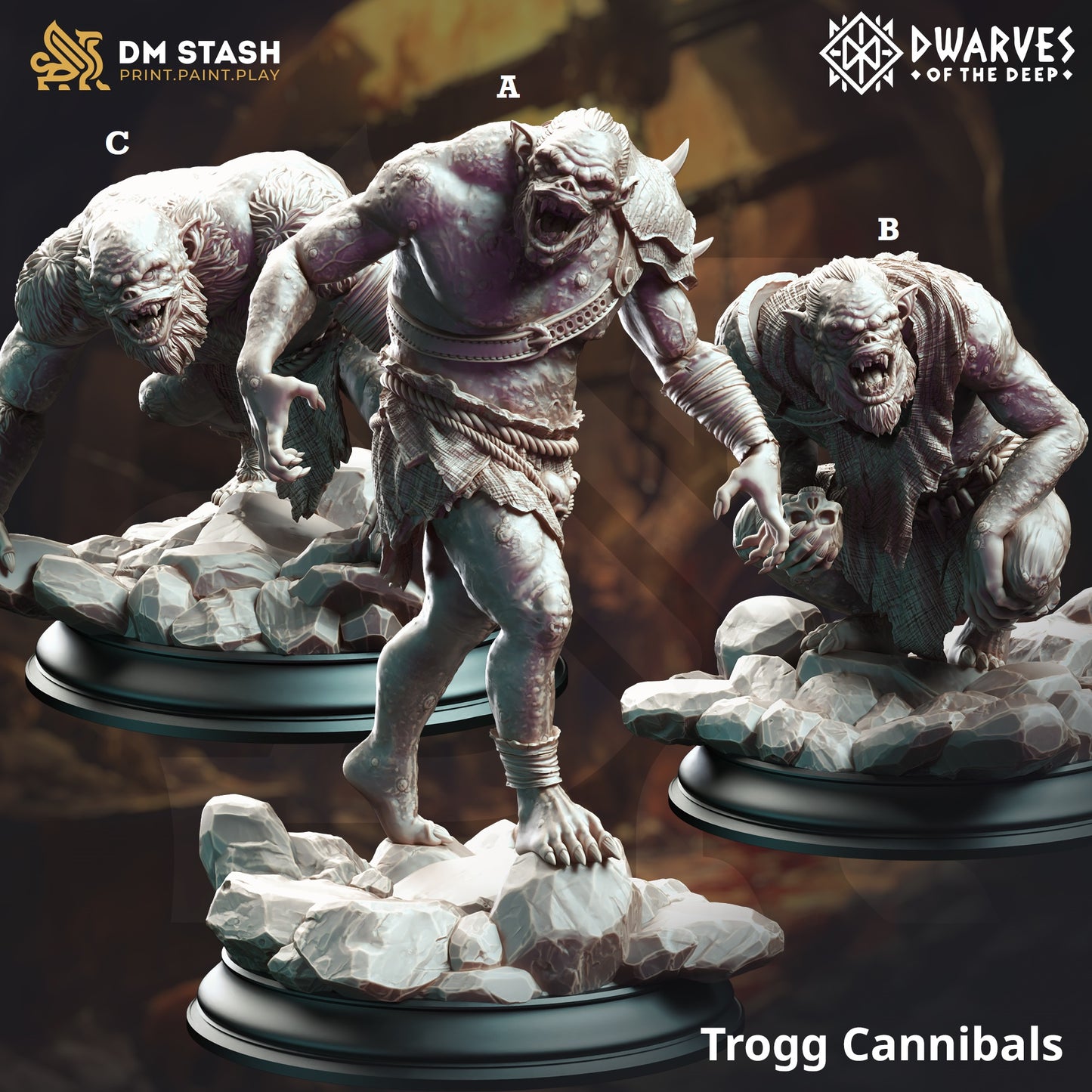 Image shows a 3D renders for three different sculpt options of a cave trogg gaming miniature