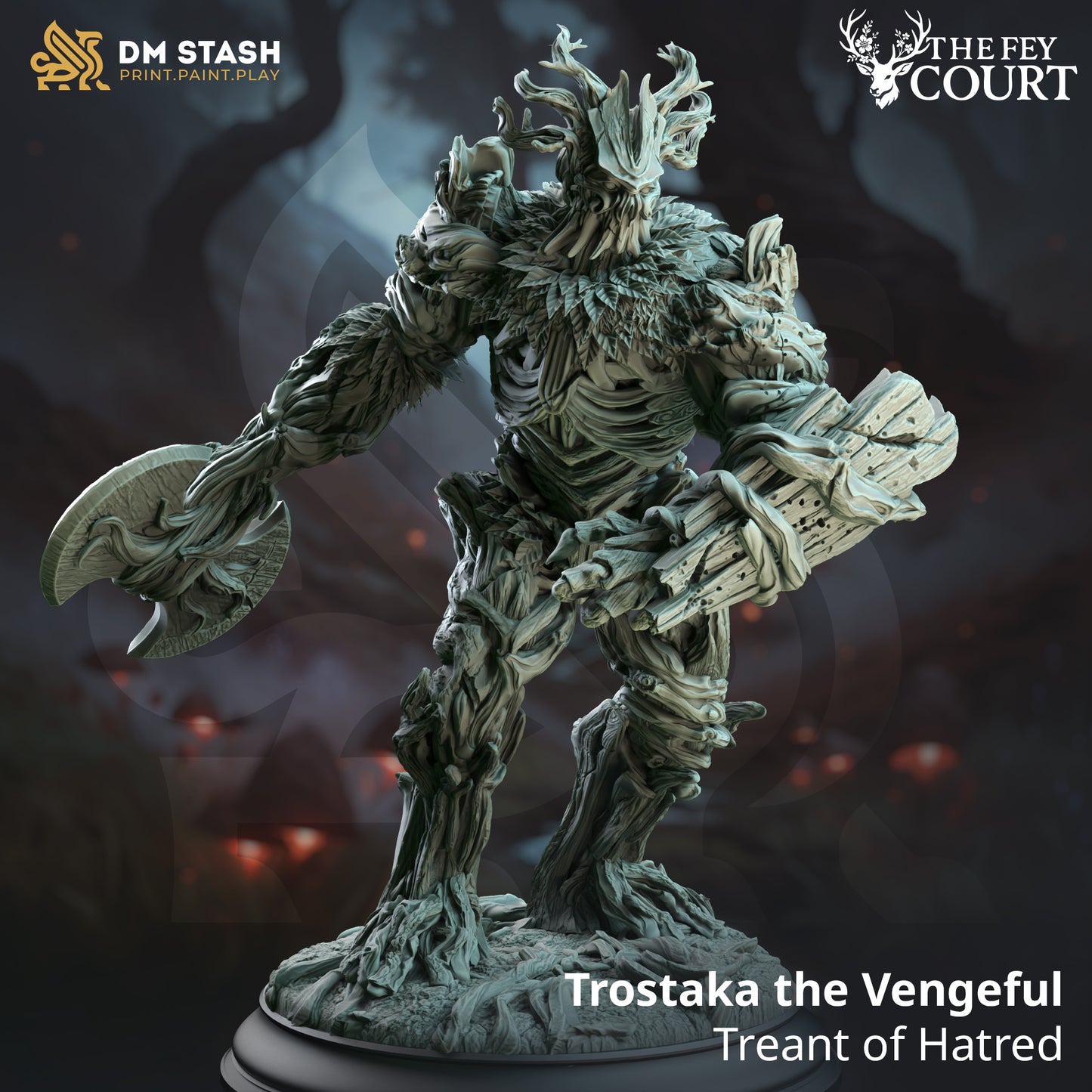 Image shows a 3D render of a treant warrior gaming miniature.