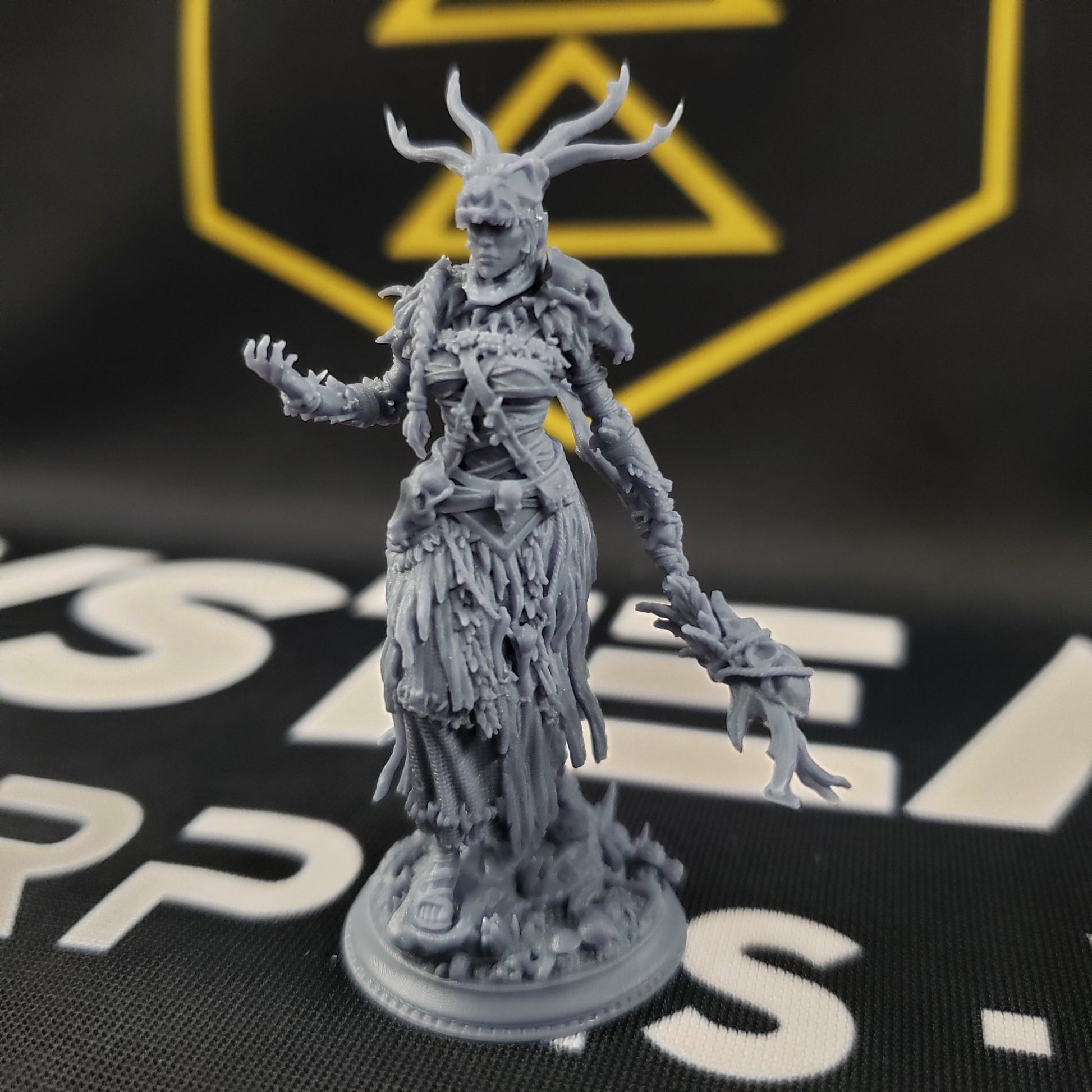 Image shows a 3D printed half-giant druid gaming miniature holding a branch staff