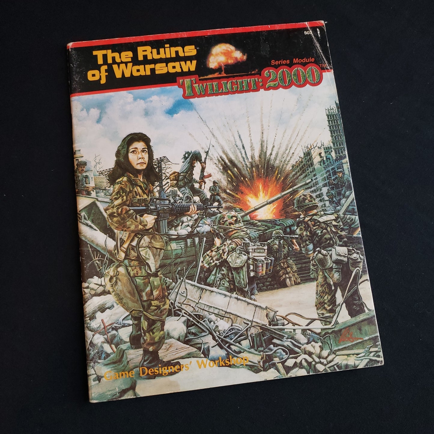 Image shows the front cover of the Ruins of Warsaw book for the Twilight: 2000 roleplaying game