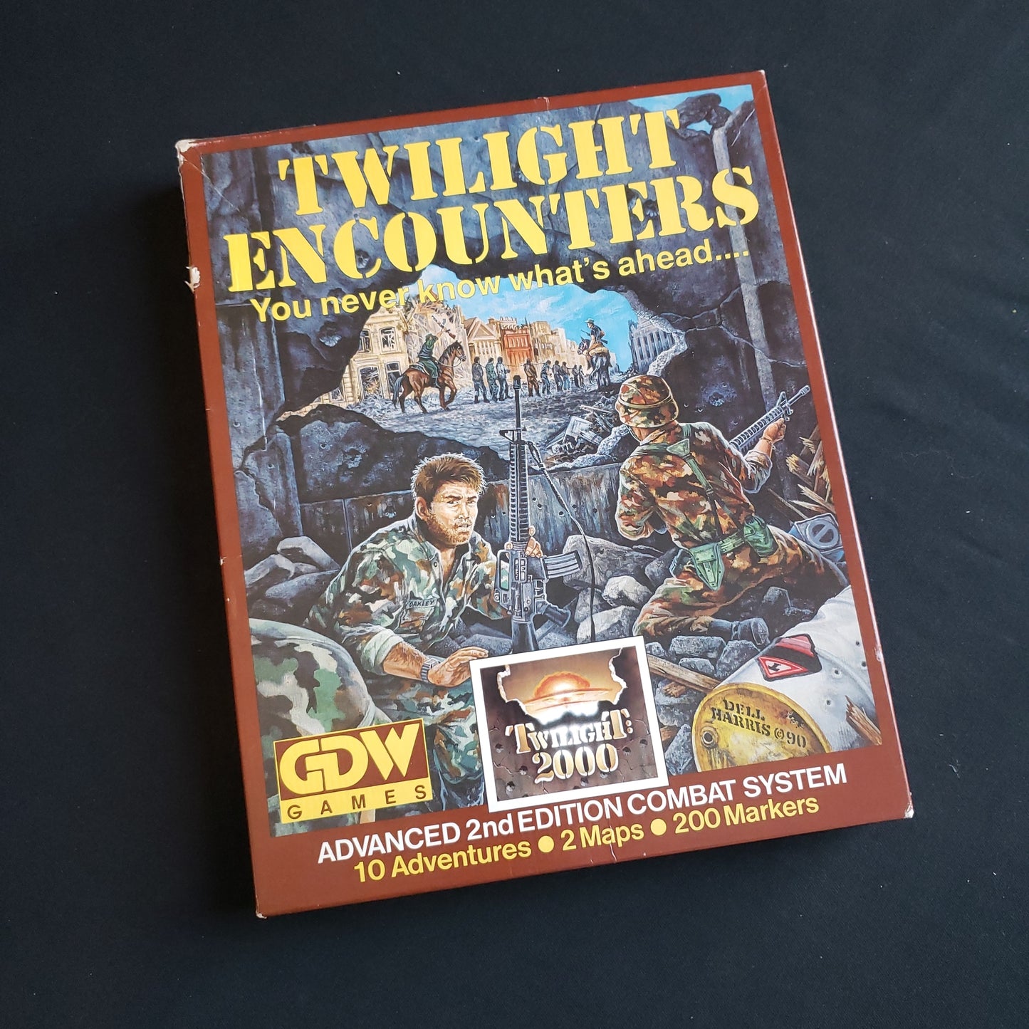 Image shows the front cover of the Twilight Encounters box set for the Twilight: 2000 roleplaying game