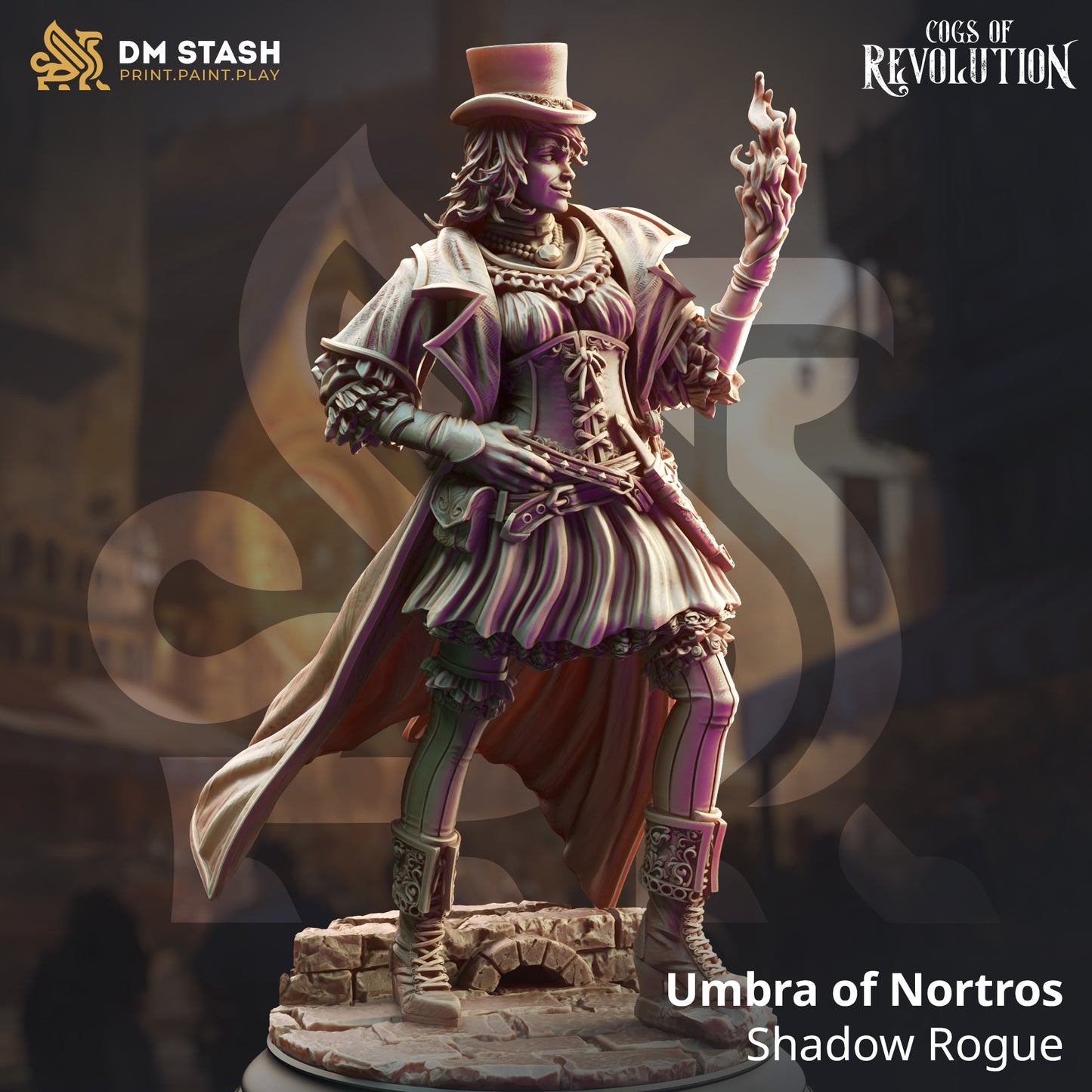 Image shows a 3D render of a human rogue gaming miniature.