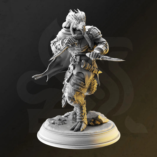 Image shows an 3D render of a dragonborn rogue gaming miniature
