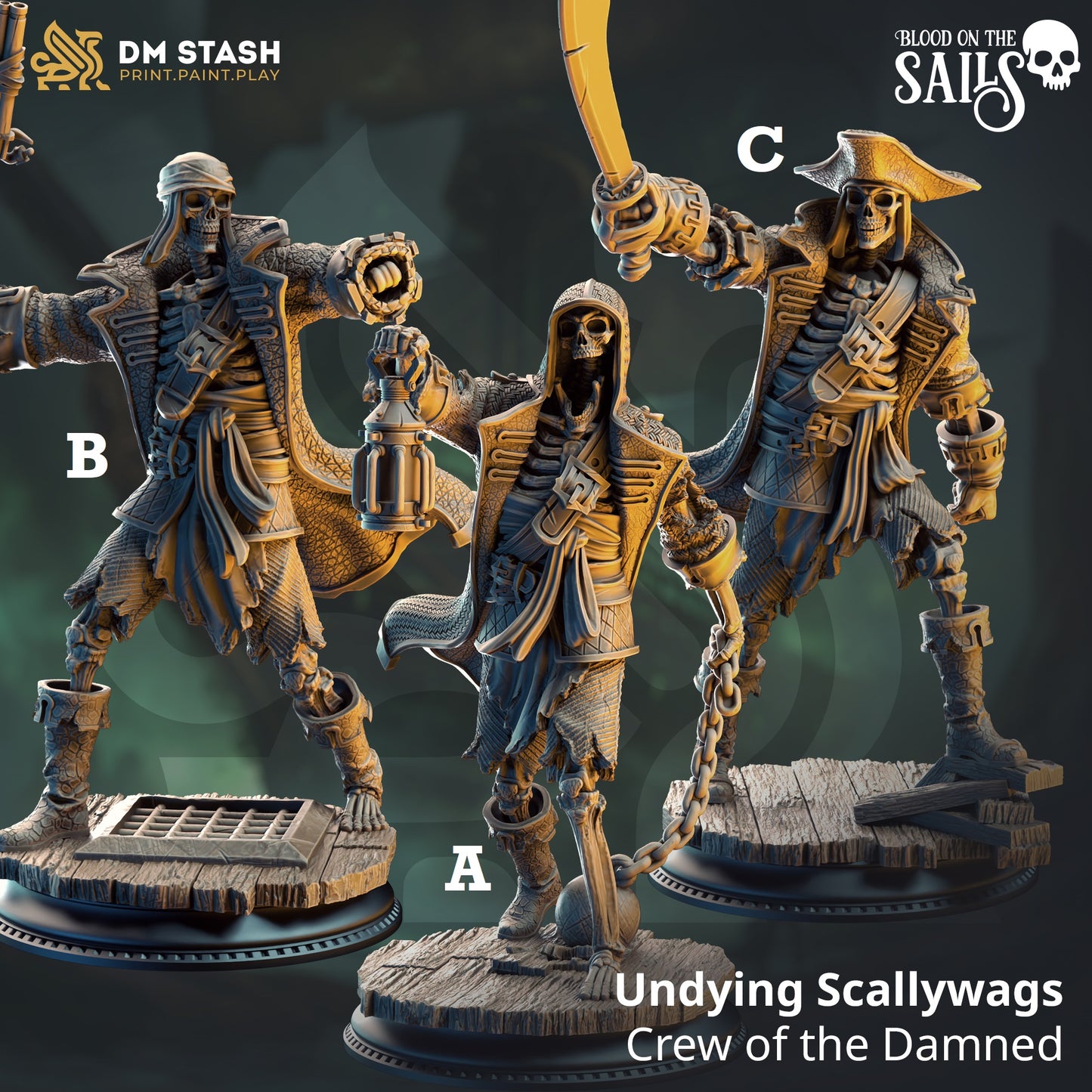 Image shows 3D renders for three different sculpt options of a skeleton pirates gaming miniature.