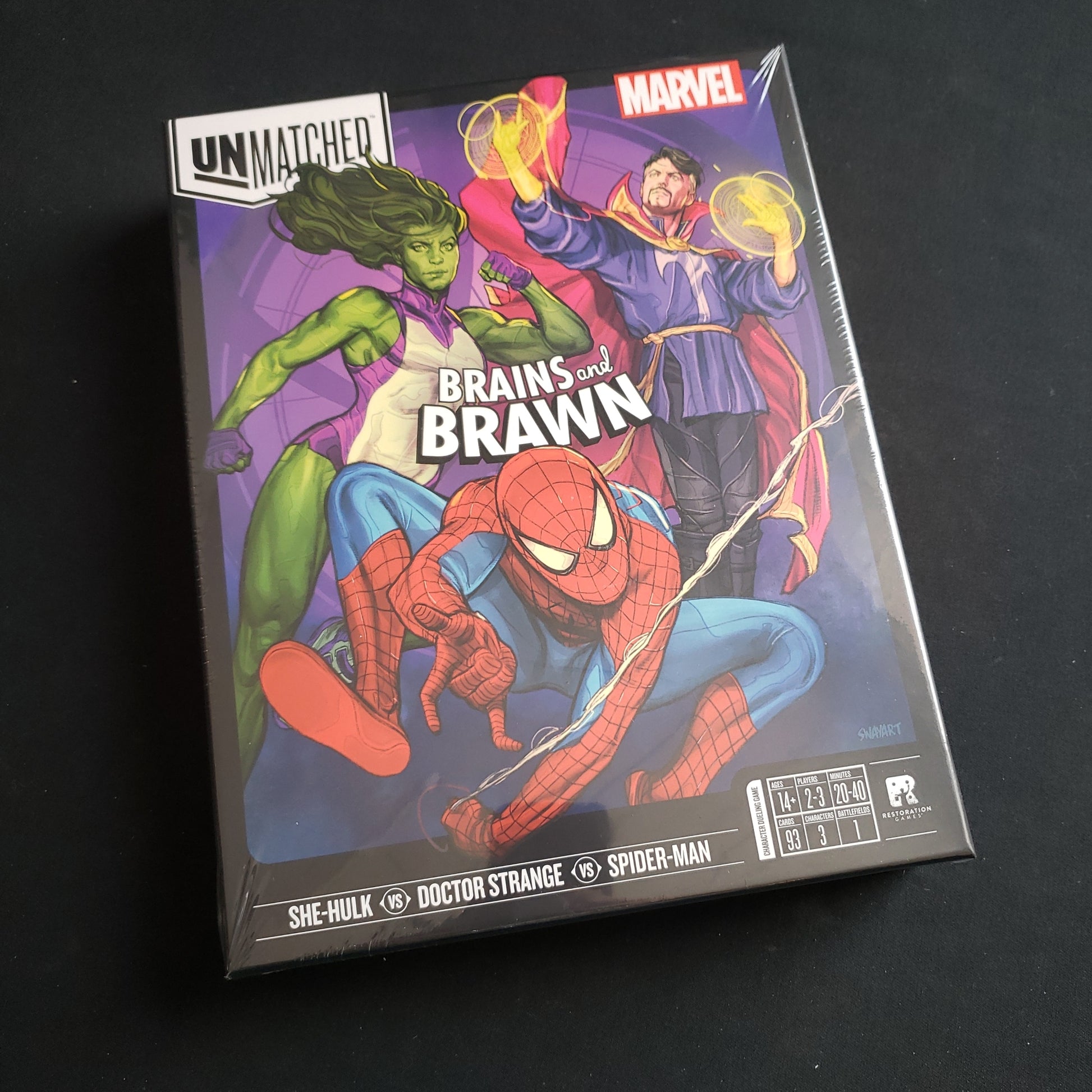 Image shows the front cover of the box of the Unmatched: Brains & Brawn board game