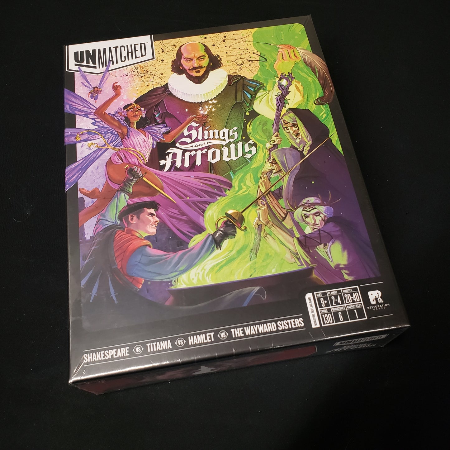 Image shows the front cover of the box of the Unmatched: Slings & Arrows board game