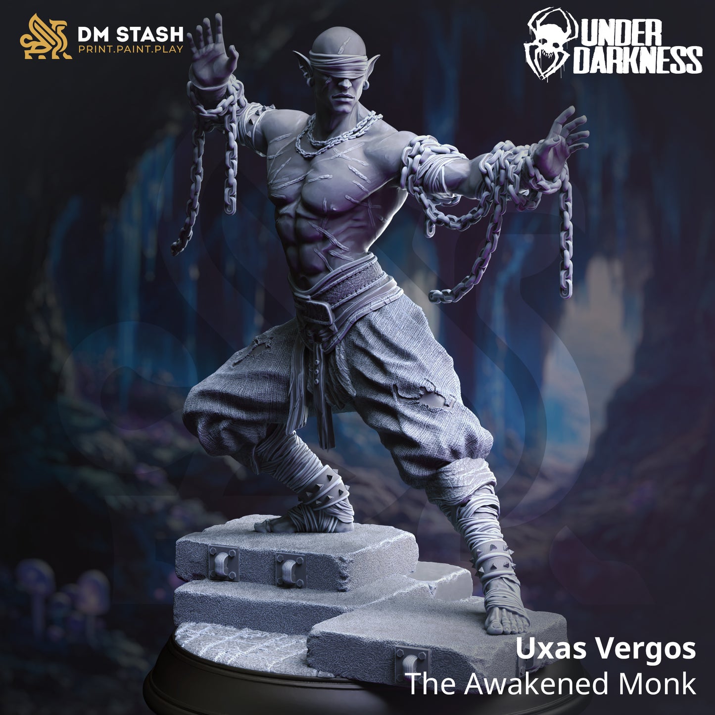 Image shows a 3D render of a drow monk gaming miniature.