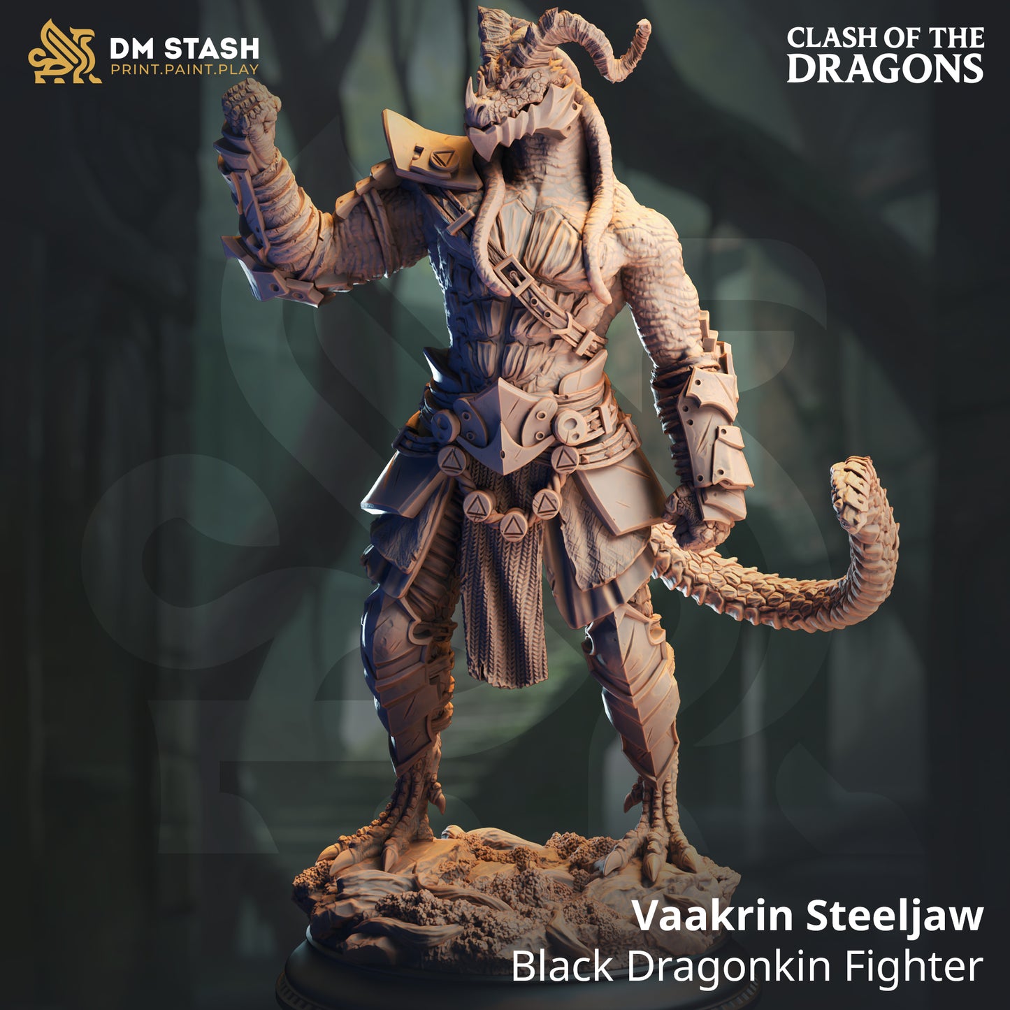 Image shows a 3D render of a dragonborn fighter gaming miniature.