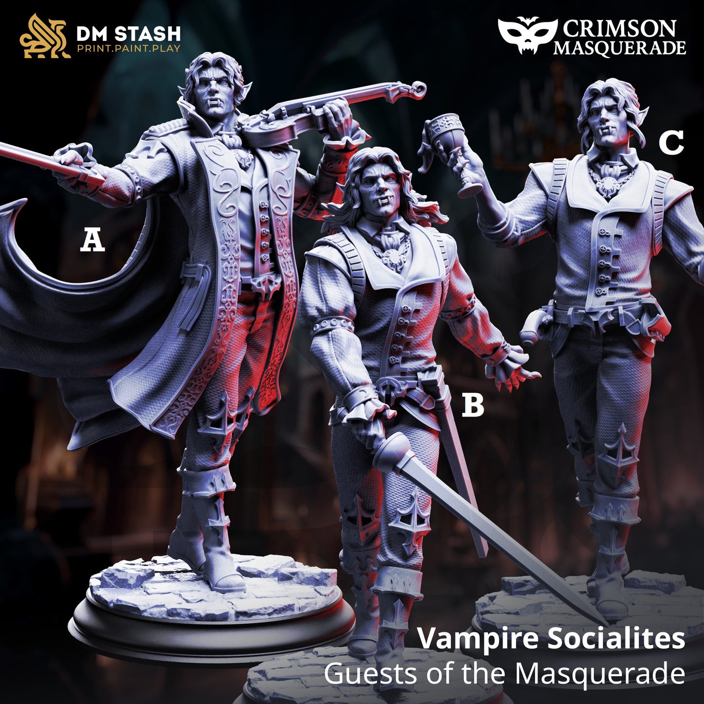 Image shows 3D renders of a vampire violinist, duelist, and hunter gaming miniatures