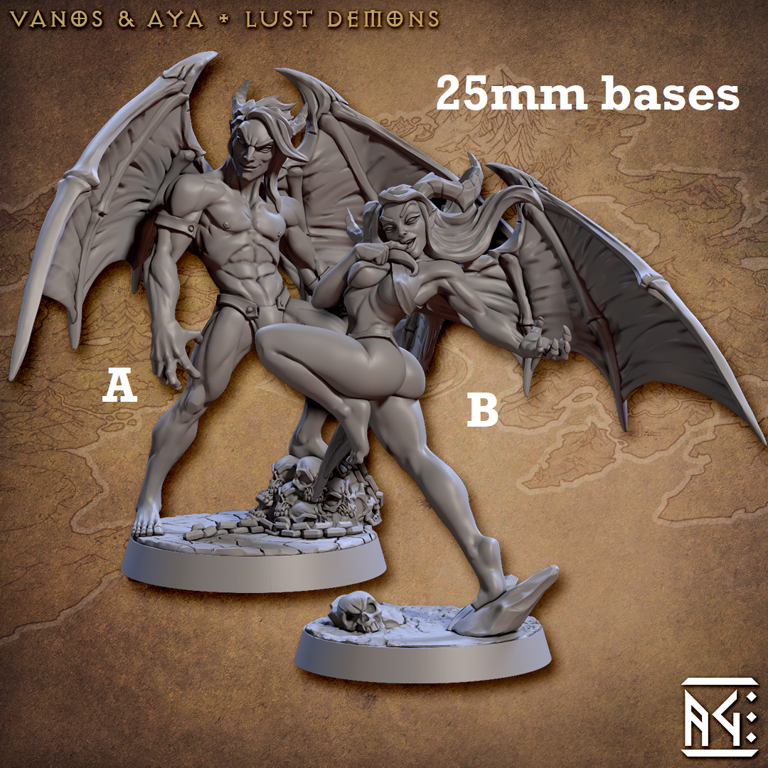 Image shows 3D renders of two gender sculpt options for a demon pinup gaming miniature.