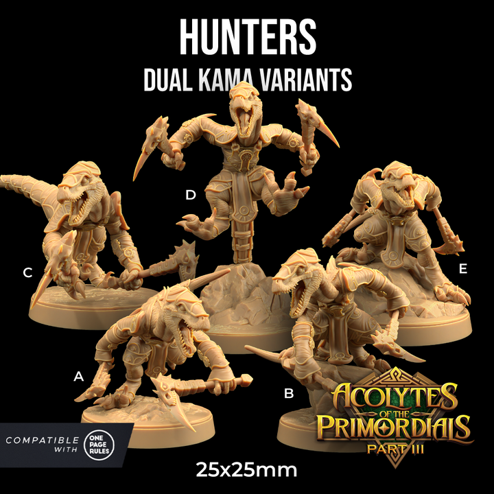 Image shows 3D renders for five different sculpt options of a velociraptor warrior gaming miniature holding a two kamas