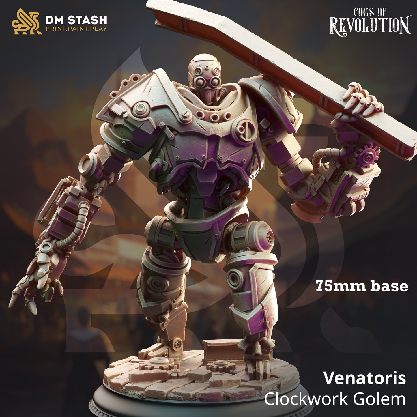 Image shows a 3D render of a steampunk golem gaming miniature.