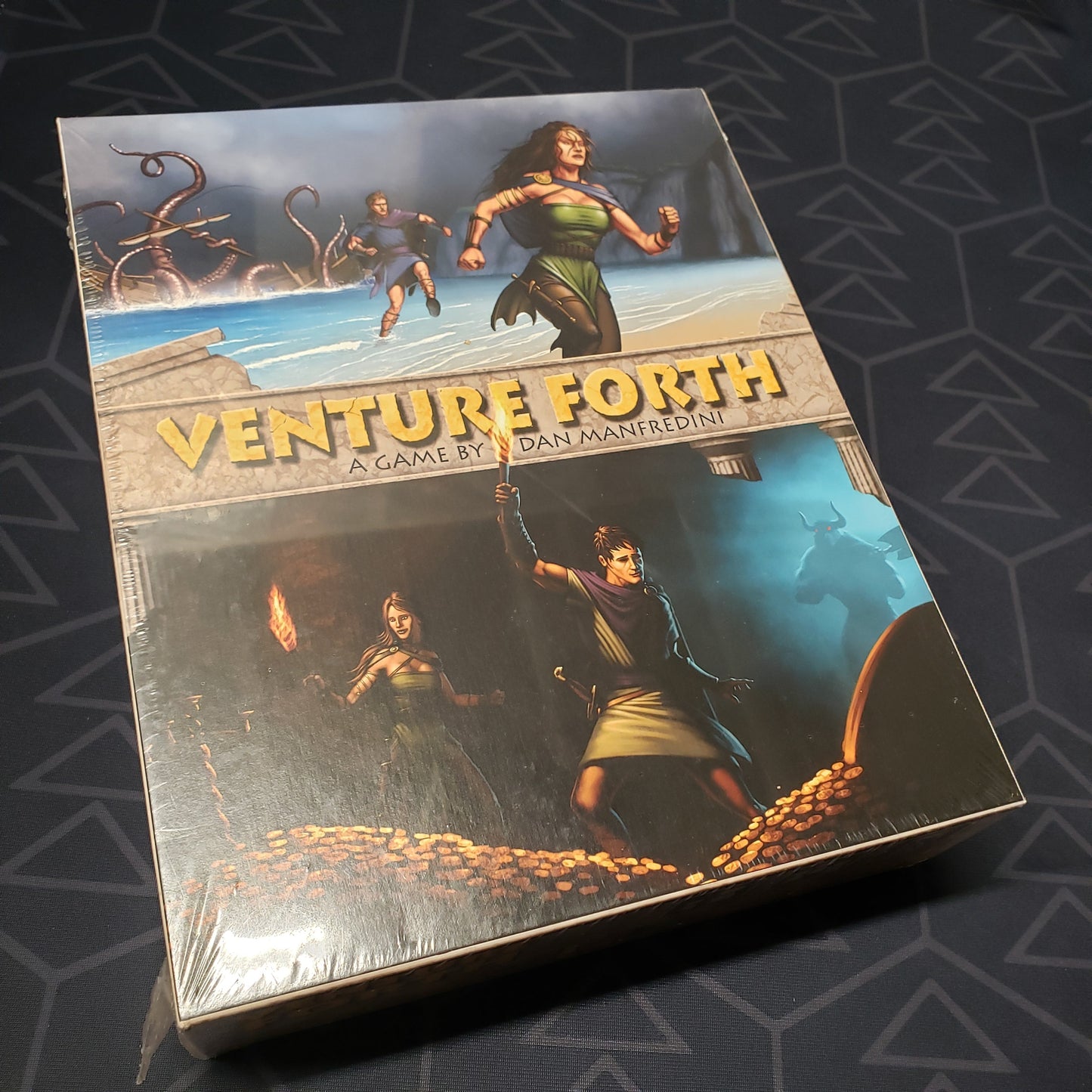 Image shows the front cover of the box of the Venture Forth board game