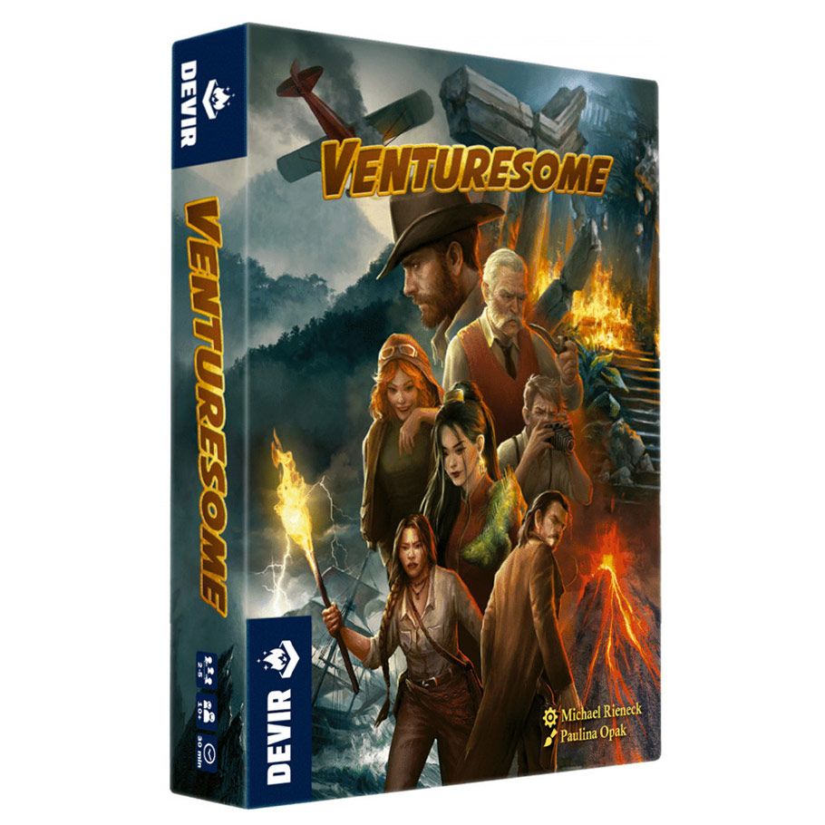 Image shows the front cover of the box of the Venturesome card game