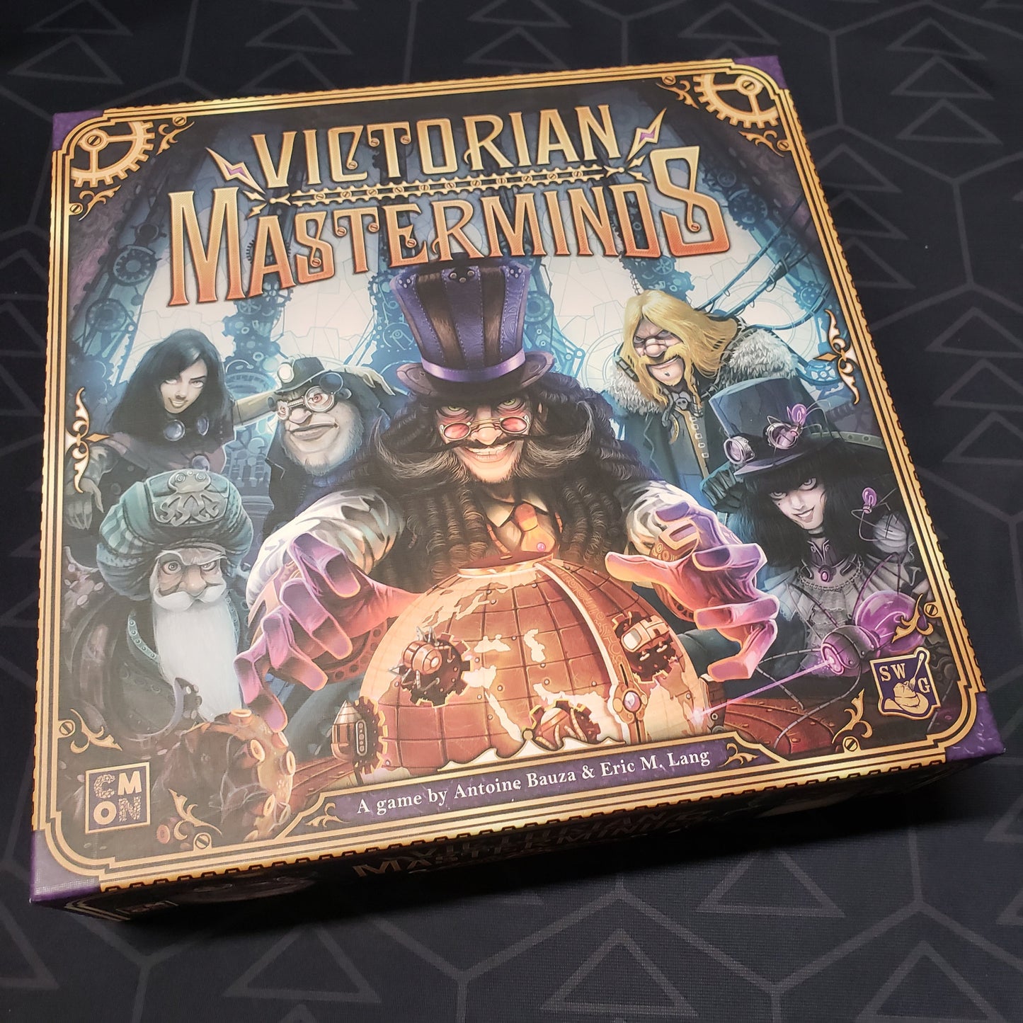 Image shows the front cover of the box of the Victorian Masterminds board game