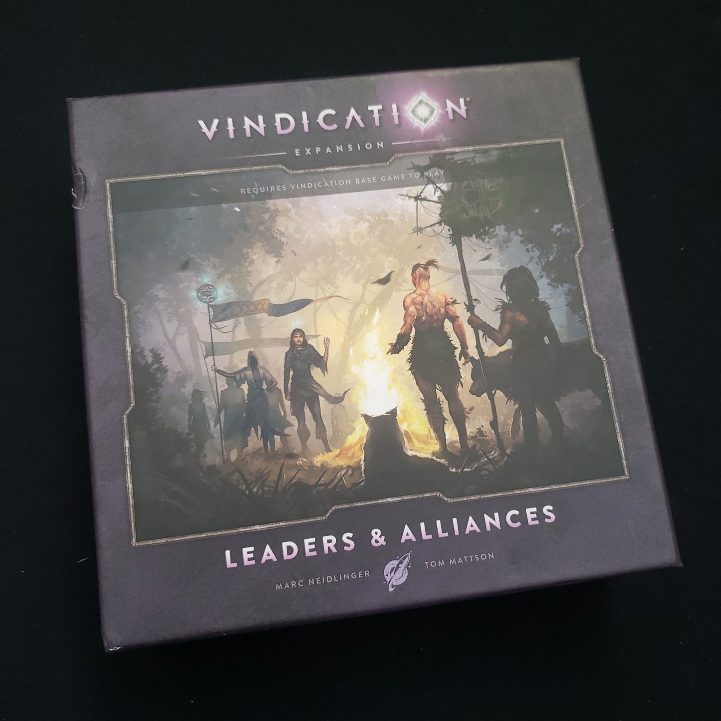 Image shows the front cover of the box of the Leaders & Alliances expansion for the board game Vindication